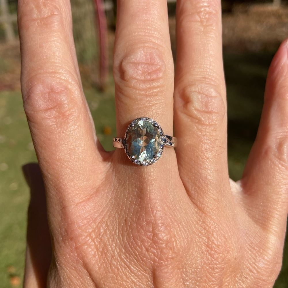 Sterling Silver Green Amethyst & White Sapphire Solitaire engagement ring size 7